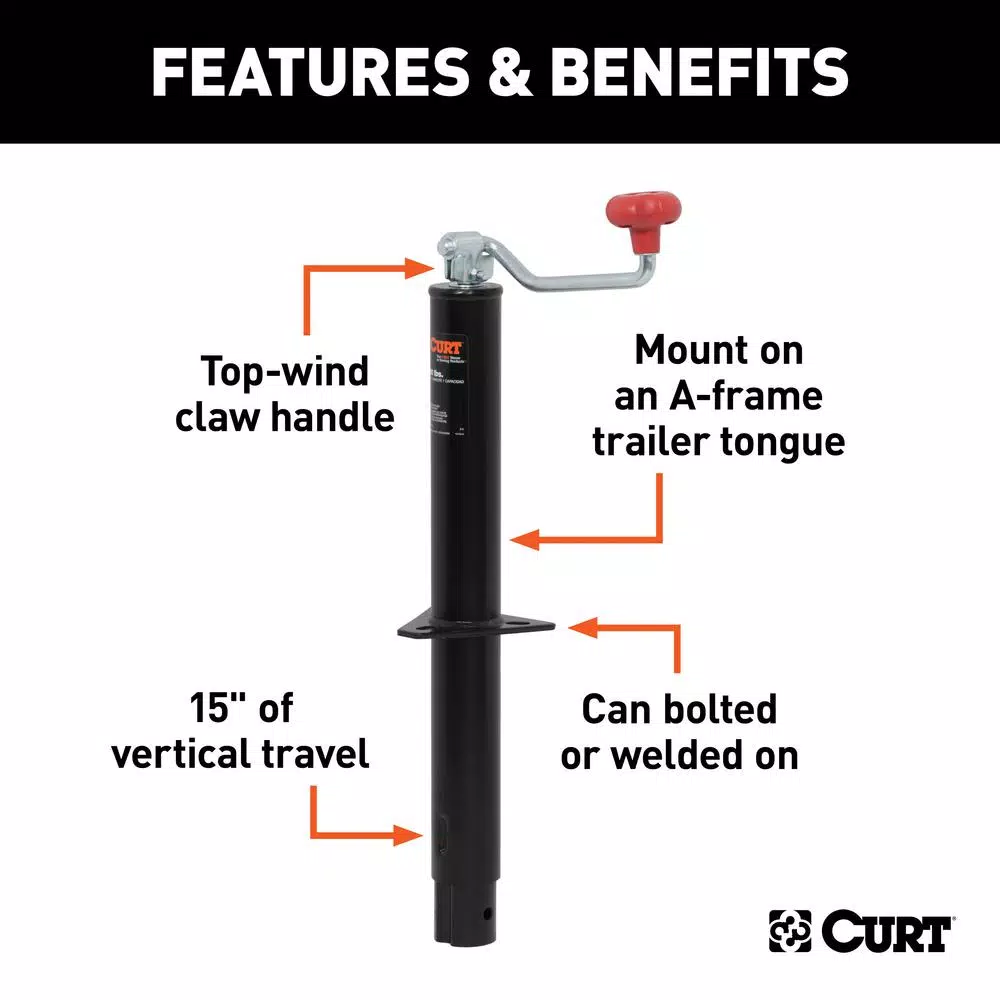 CURT A-Frame Trailer Jack with Top Handle, 5,000 lbs. Capacity, 15 in. Travel