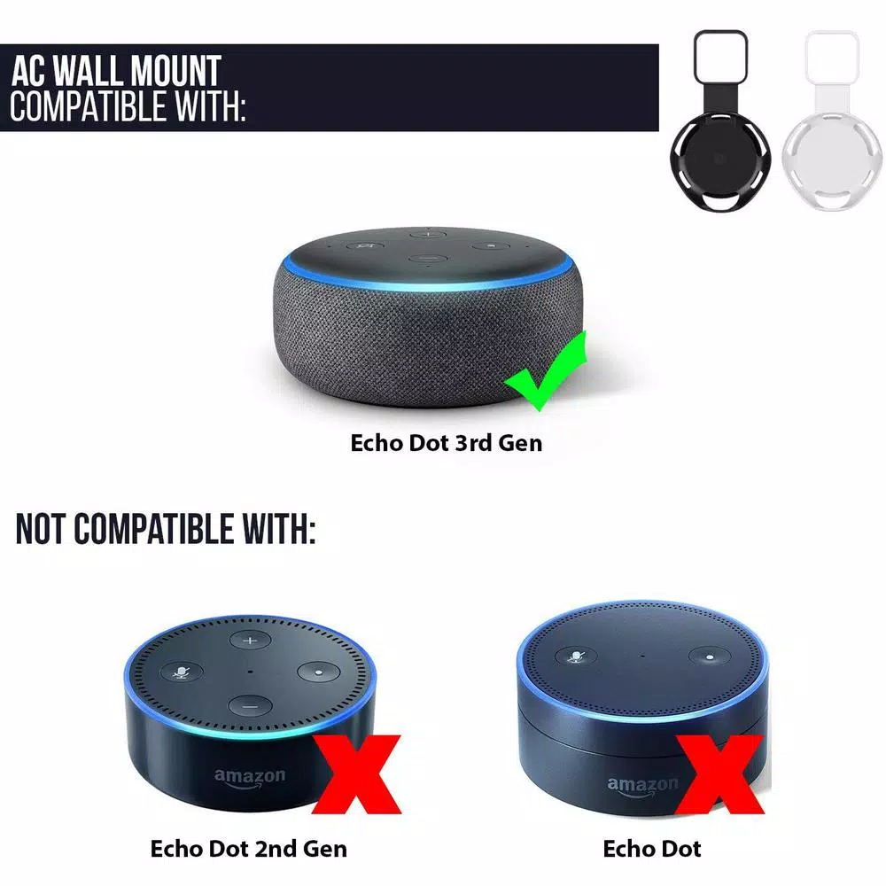 Wasserstein AC Outlet Wall Mount for Echo Dot (3rd Gen) - Flexible Smart Speaker Holder (2-Pack, White)