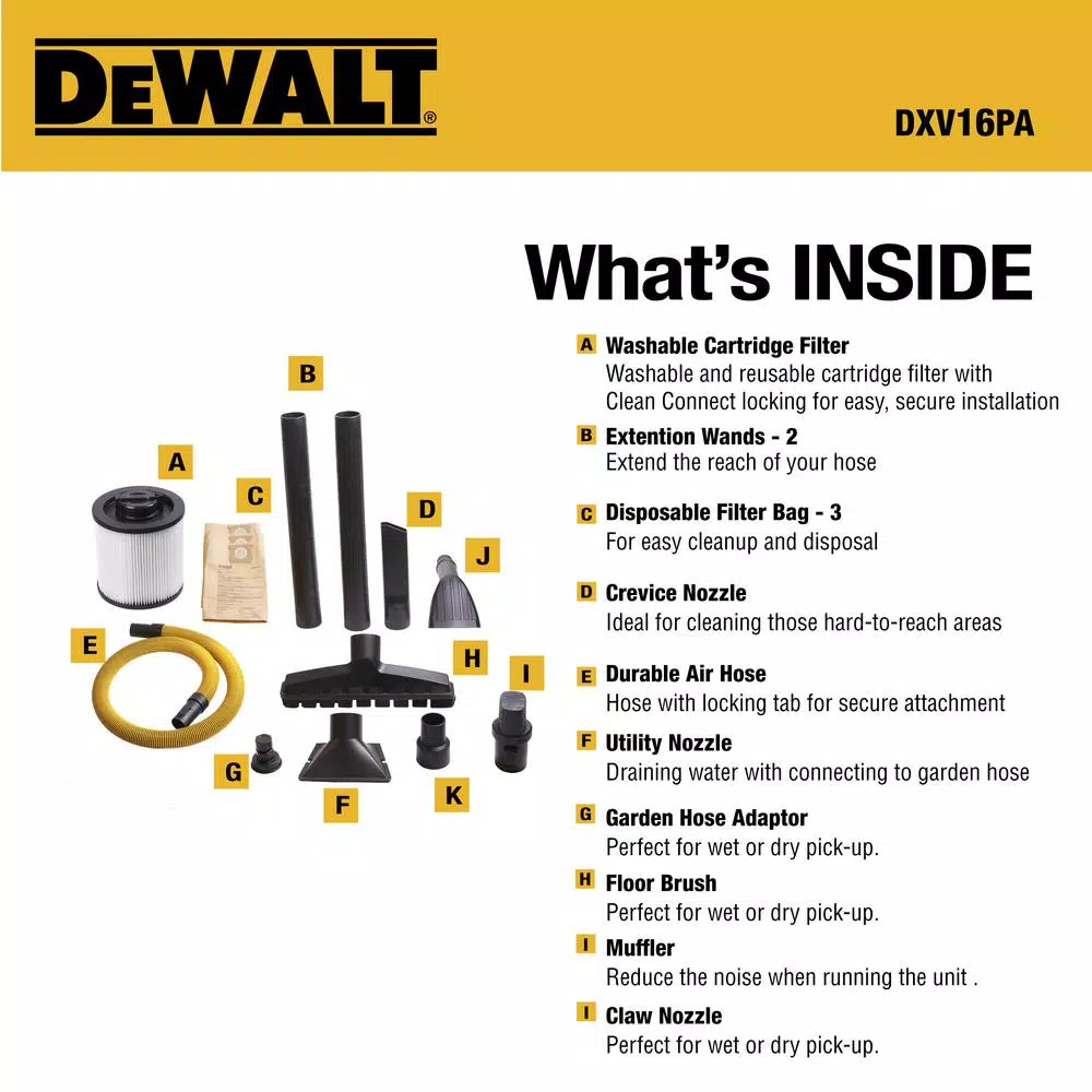 DEWALT 16 Gal. 6.5 HP Poly Wet/Dry Vacuum with 3 Bags and Cartridge Filter