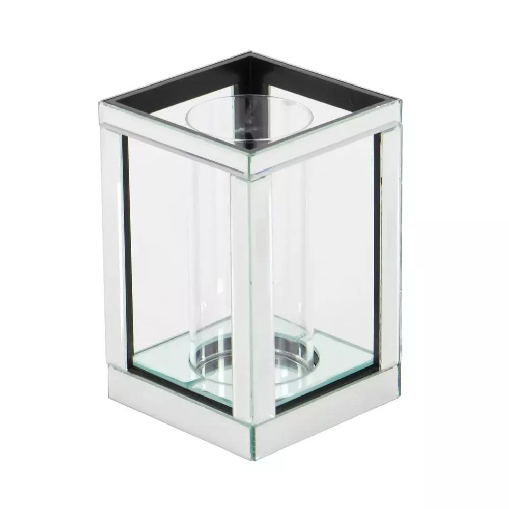 LITTON LANE 10 in. Silver Wood and Clear Glass Candle Holder, Modern Glam Candlestick