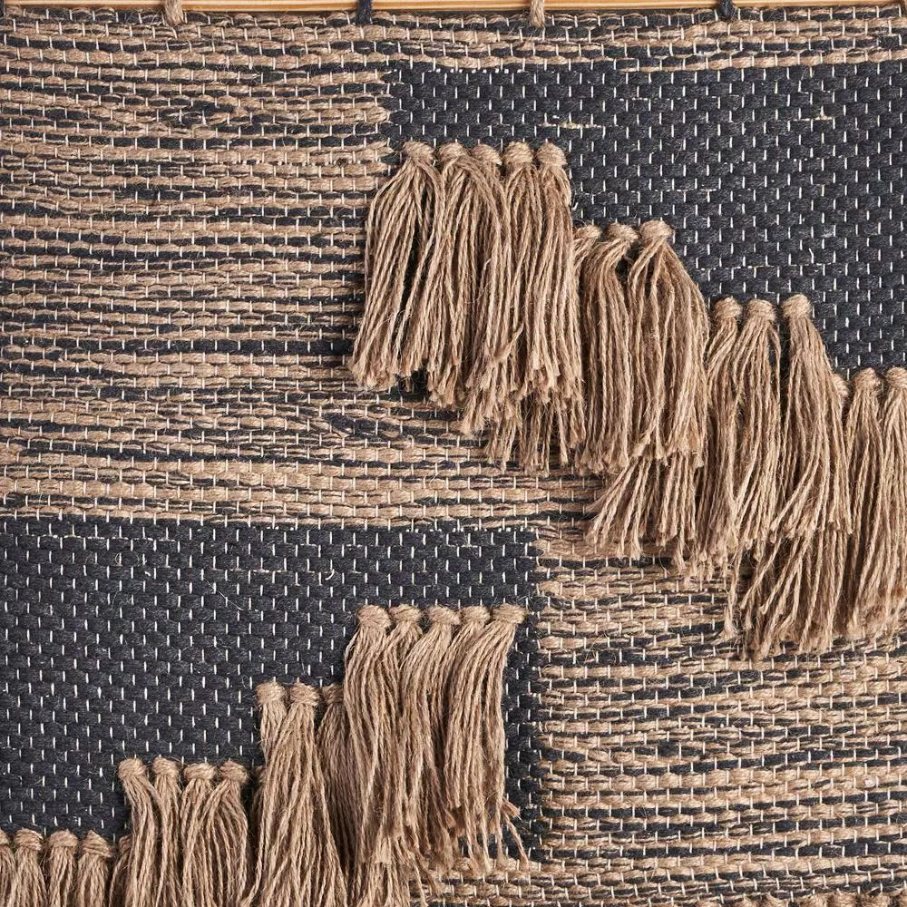 LR Home Rustic Natural and Black Fringed Wall Tapestry - Hand-Loomed Jute and Cotton Wall Hanging