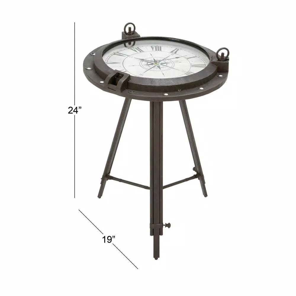 LITTON LANE 24 in. Iron Compass and Porthole Analog Clock Table, Nautical Industrial Decor