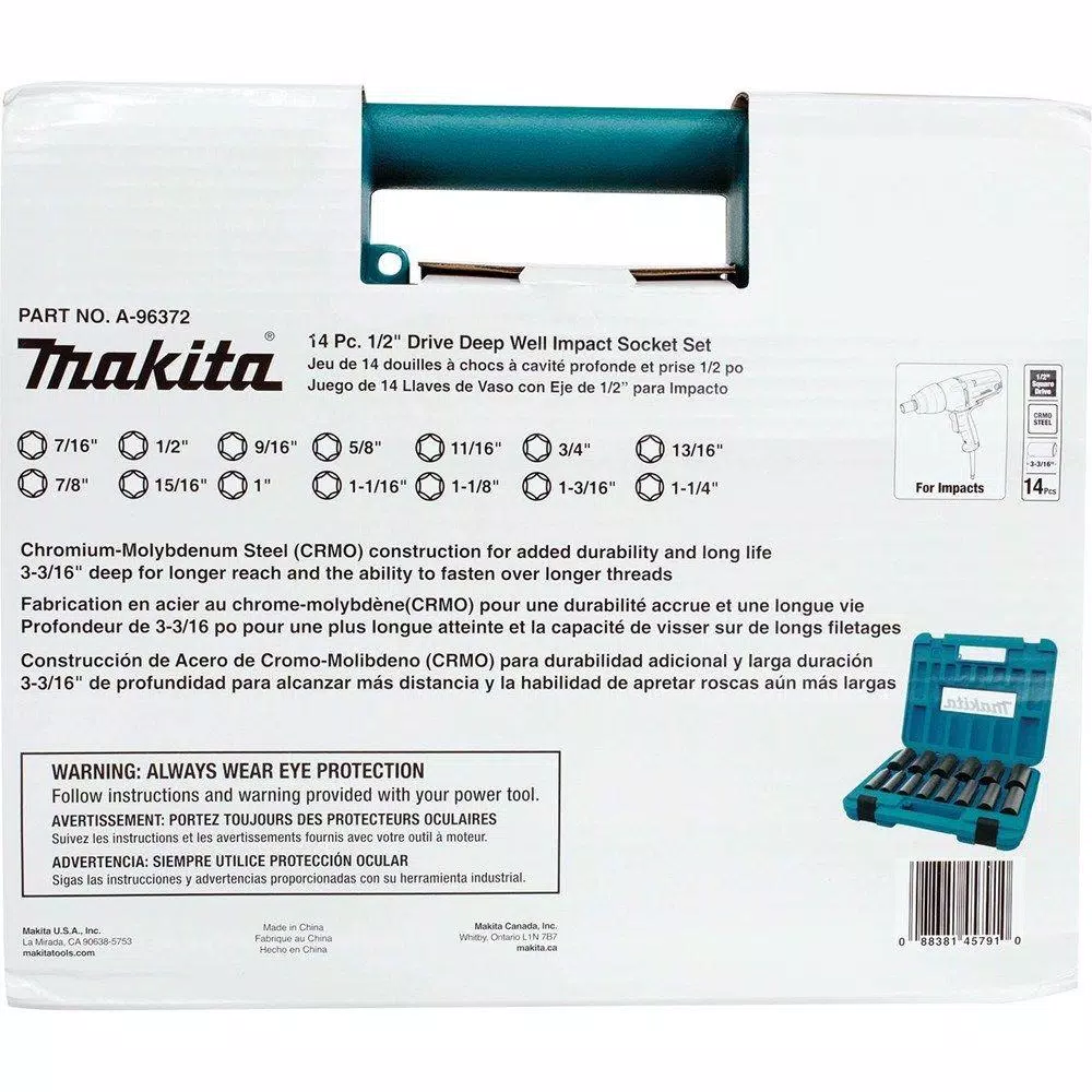 Makita 1/2 in. 6-Point Fractional Deep Impact Socket Set, 14-Piece