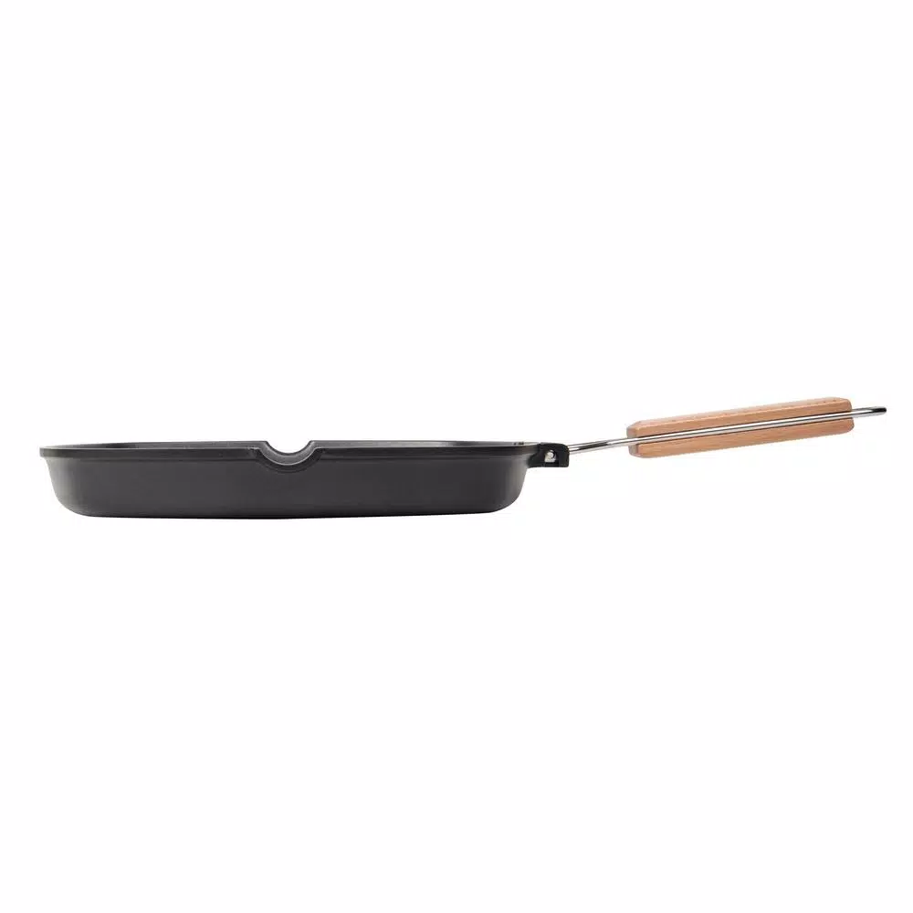 MasterPan 10 in. Cast Aluminum Nonstick Grill Pan with Pour Spout and Folding Wooden Handle, Black
