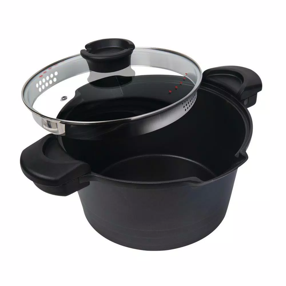 MasterPan 5 Qt. Cast Aluminum Non-Stick Stock and Pasta Pot with Glass Lid and Easy Pour Spout, Black