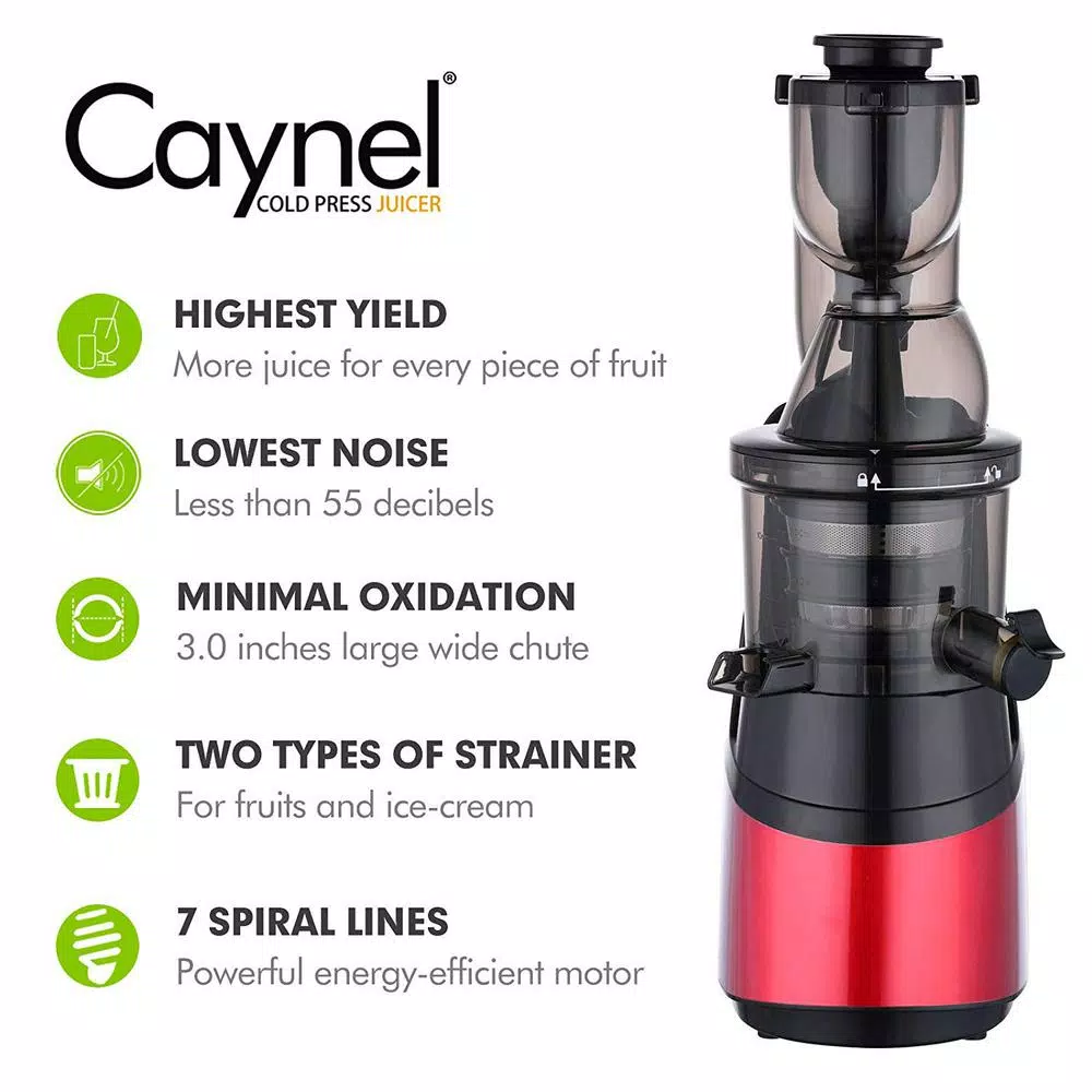 Boyel Living Silver and Red Vertical Cold Press Masticating Juicer, 150W High Yield Slow Juicer