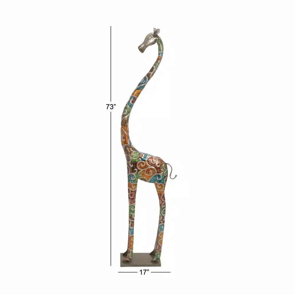 LITTON LANE Stylized Giraffe Metal Sculpture - 73" Tall Multi-Colored Glazed Iron Statuary