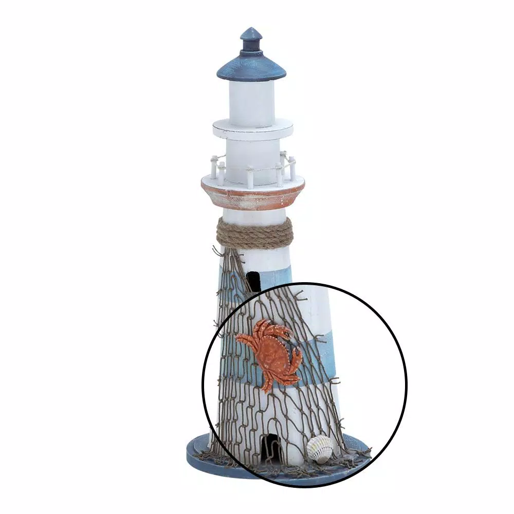 LITTON LANE 16 in. Coastal Living White Wooden Lighthouse Sculpture with Aquamarine Cap