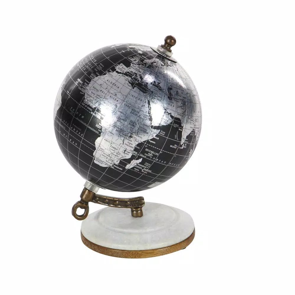LITTON LANE Modern Reflections 7 in. Decorative Black and Silver Table Globe with Marble and Mango Wood Base