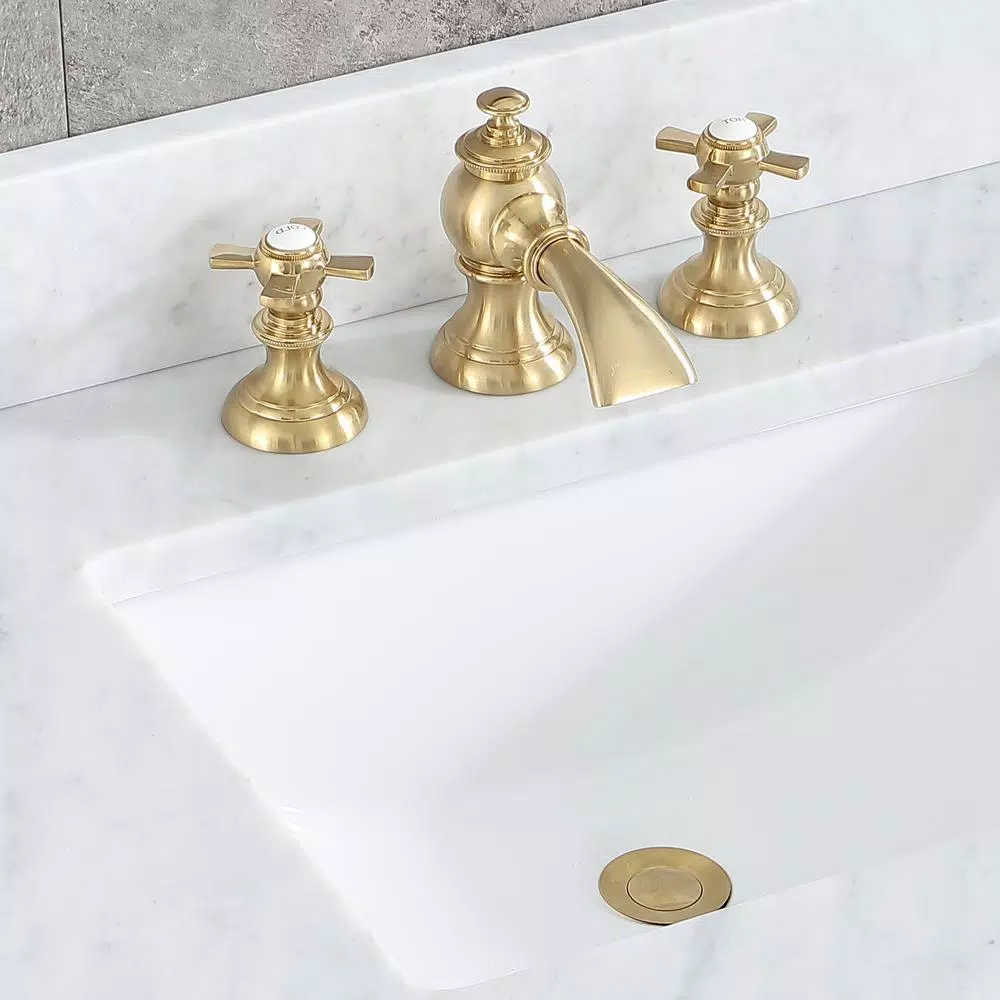 Water Creation 8 in. Widespread 2-Handle Lavatory Faucet, Satin Brass, Low Arc Spout