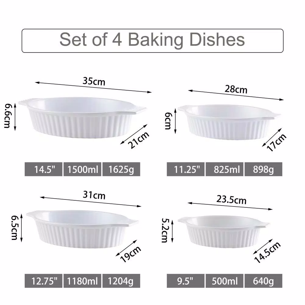 MALACASA 4-Piece White Oval Porcelain Bakeware Set, Ceramic Baking Dish Set for Oven and Microwave