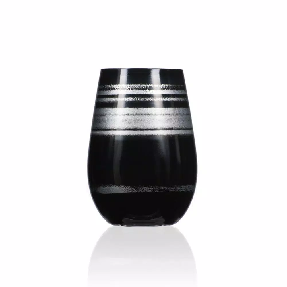 Rolf Glass Cosmo 16.5 oz. Stemless Wine Tumblers, Black/Silver (Set of 4)