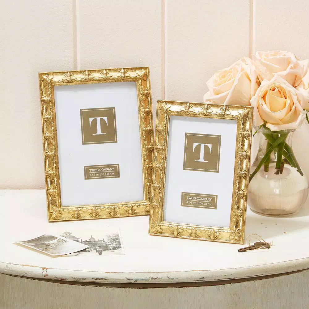 Two's Company Bee-utiful Gold Resin Picture Frame Set of 2 - 4x6 in. and 5x7 in. Sizes