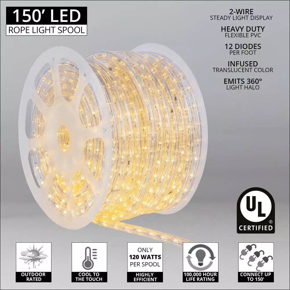 Wintergreen Lighting 150 ft. Warm White LED Rope Light Kit, 1800 Lights, Dimmable & Weather Resistant