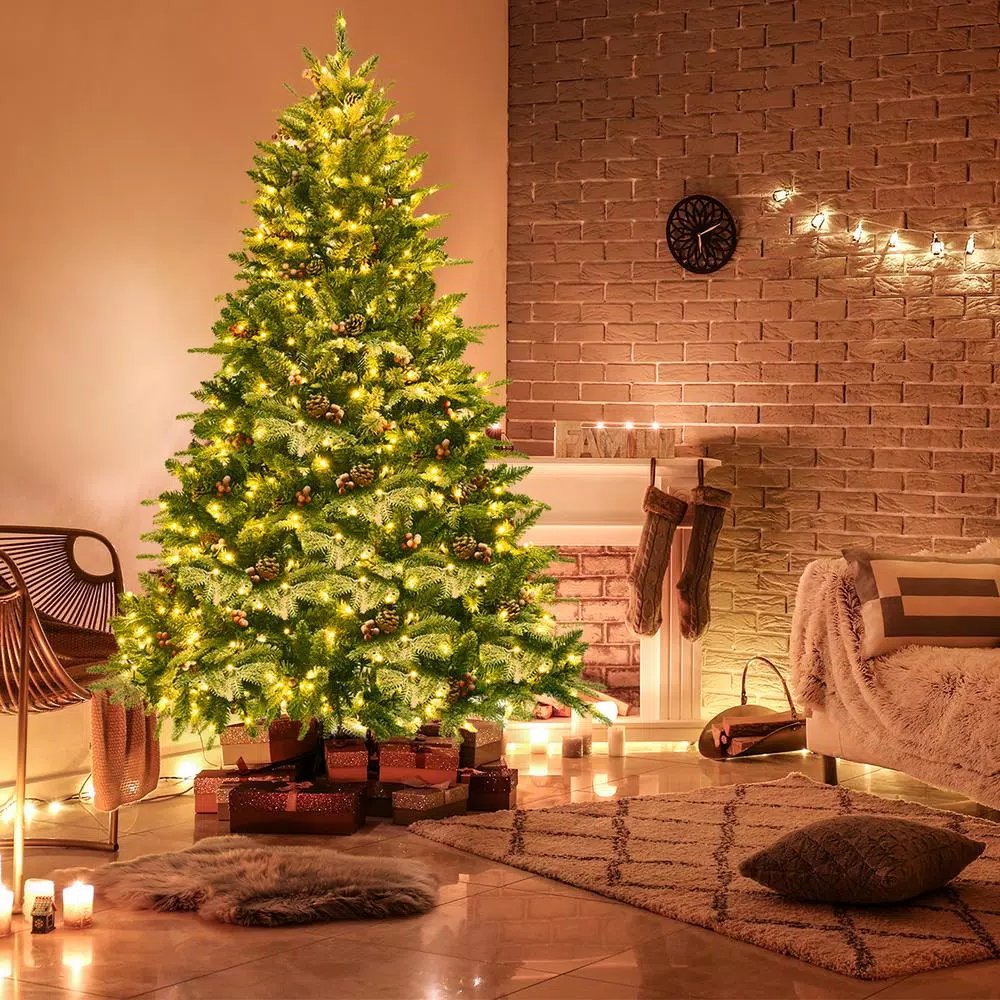 Costway 6.5 ft. Pre-Lit Slim Fraser Fir Artificial Christmas Tree with 450 Warm White LED Lights and Snow Flocking
