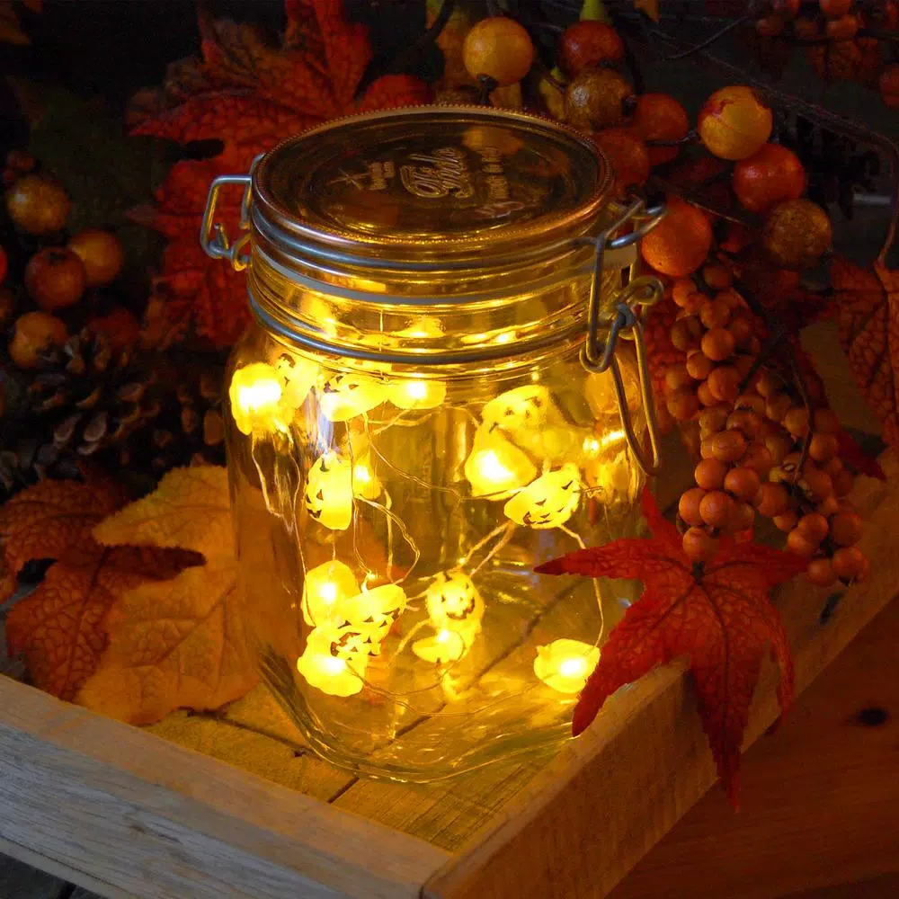 LUMABASE Jack O' Lantern LED Mini String Lights with Timer, Waterproof Battery Operated Pumpkin Lights, Set of 2