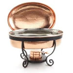 Old Dutch 6 Qt. Oval Hammered Copper Chafing Dish with Stainless Steel Pan and Stand thumbnail 2