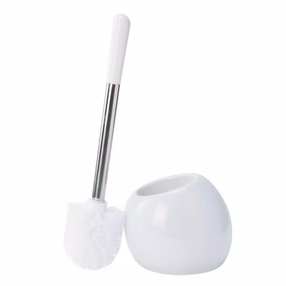Bath Bliss Ceramic Dome Toilet Brush and Holder Set, Stainless Steel Handle, White