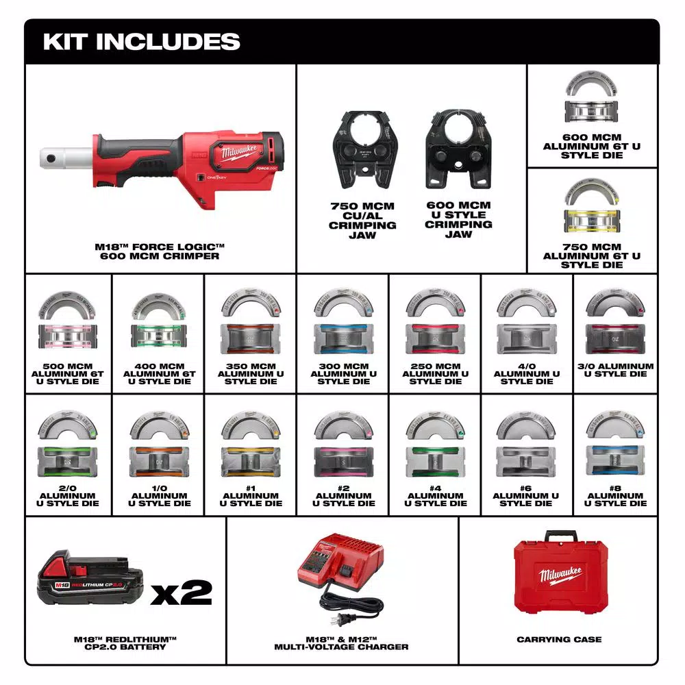 Milwaukee M18 FORCE LOGIC 600 MCM Cordless Aluminum Crimper Kit with 750 MCM Expanded Jaw