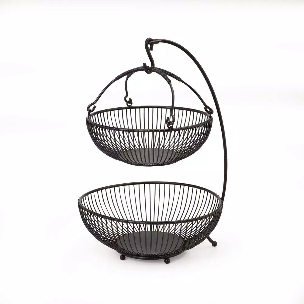 Gourmet Basics by Mikasa Mikasa Gourmet Basics Spindle 2-Tier Fruit Basket with Banana Hook, Wrought Iron