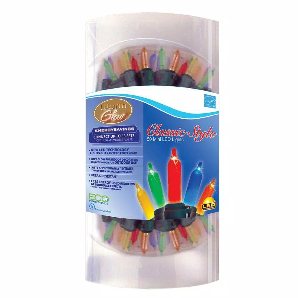 Brite Star 50-Count Multi-Color Mini LED Christmas Lights, Warm Glow, Indoor/Outdoor
