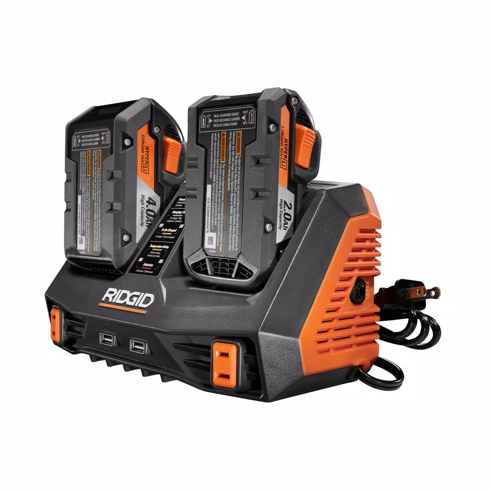 RIDGID 18V Dual Port Dual Chemistry Sequential Battery Charger with Dual USB Ports