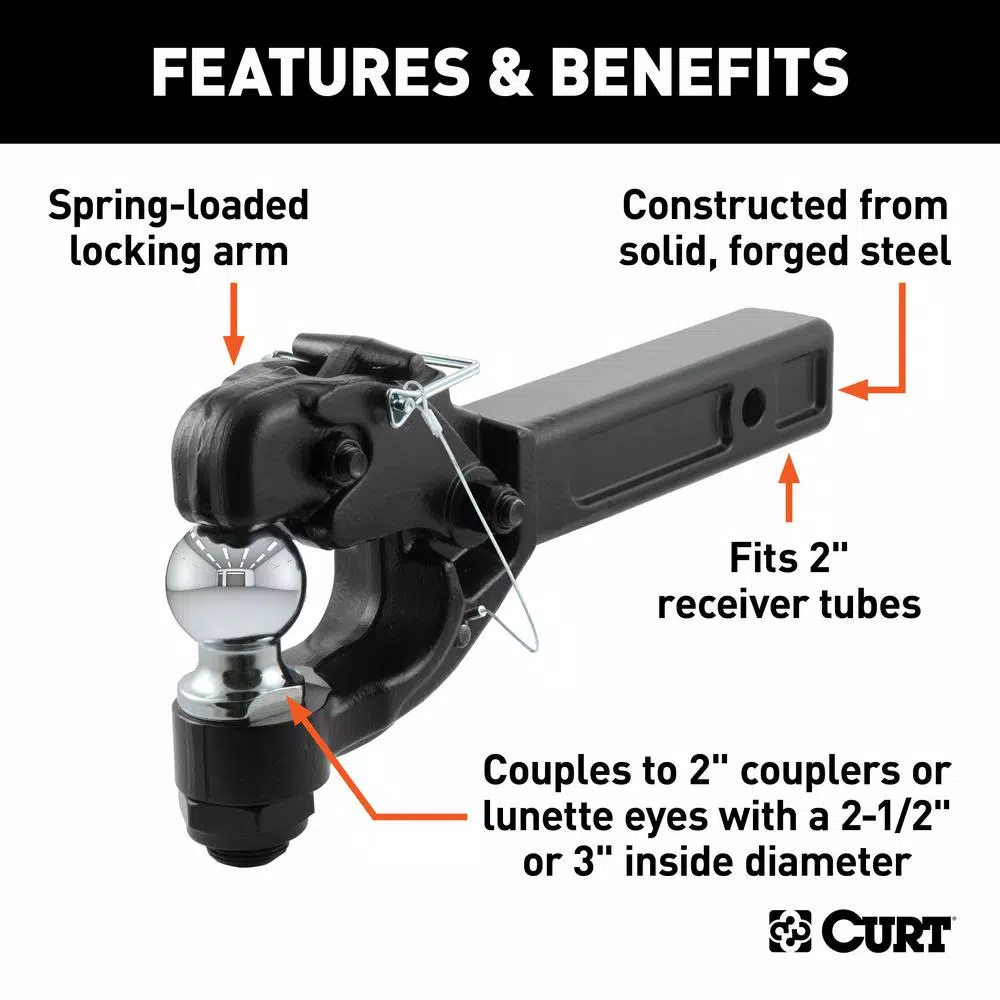 CURT Receiver-Mount Ball and Pintle Hook Combo, 2" Shank, 10,000 lbs. Ball, 16,000 lbs. Pintle