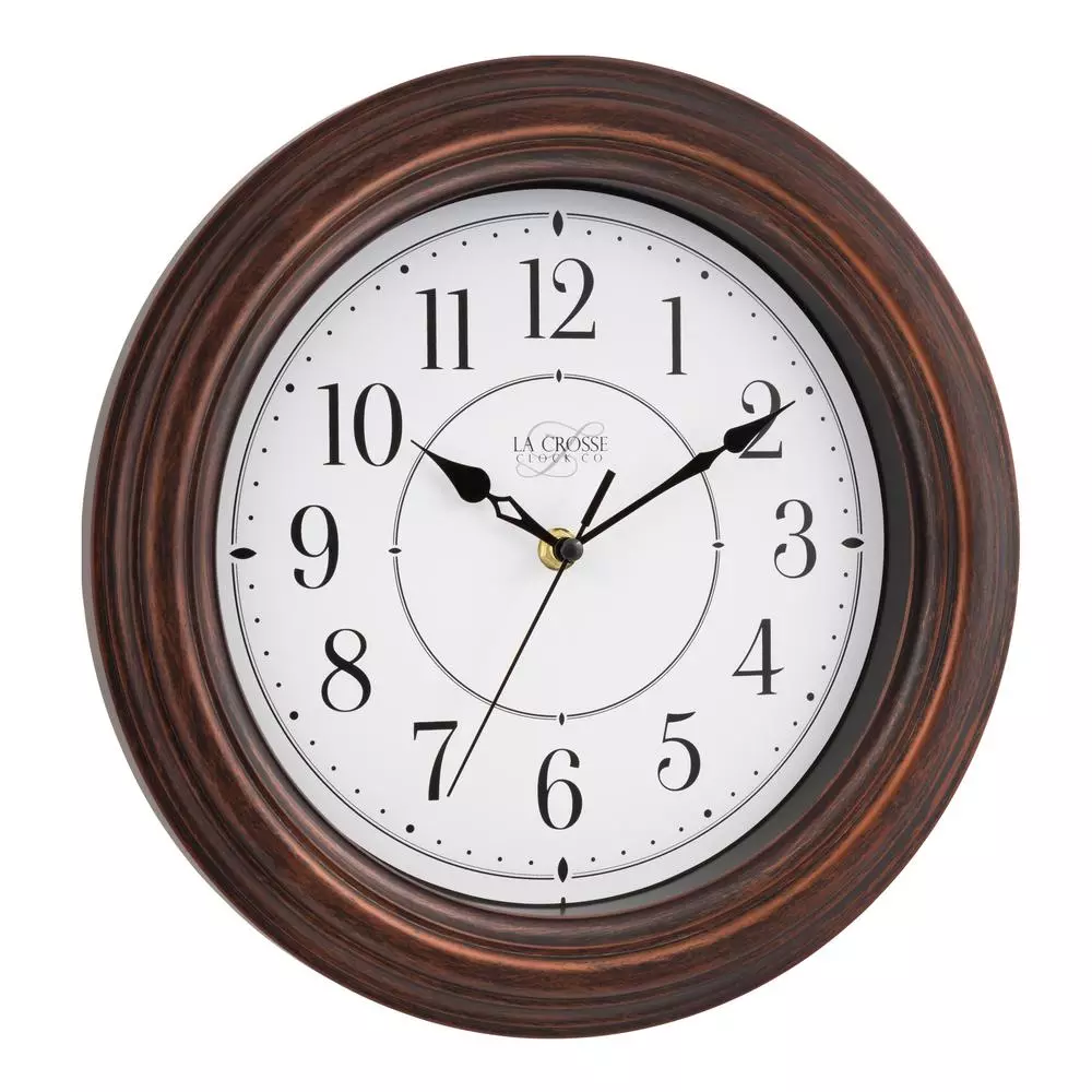 La Crosse Technology 12 in. Round Brown Faux Wood Wall Clock with Silent Quartz Movement