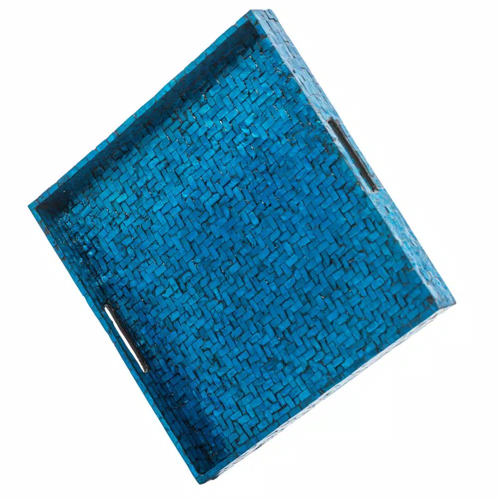 Abigails Blue Lacquered Wooden Basket Weave Square Serving Tray, 17.75 in.