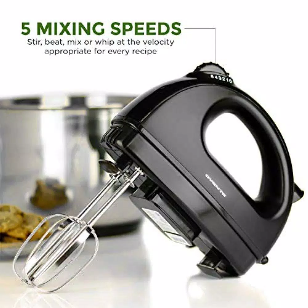 Ovente HM161 5-Speed Electric Hand Mixer, 150W, with Stainless Steel Chrome Beaters and Snap-On Storage Case, Black