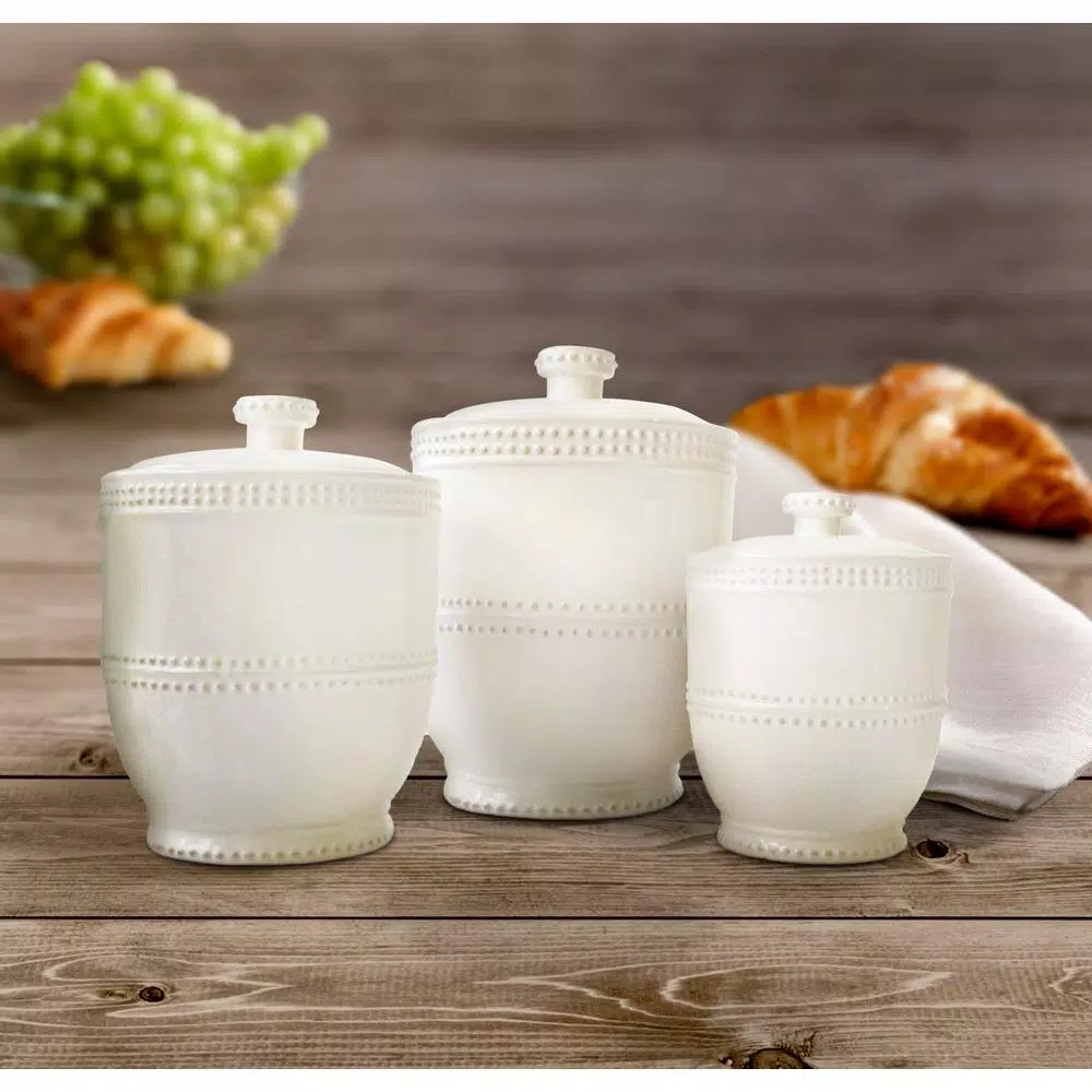 American Atelier Bianca Bead 3-Piece White Earthenware Canister Set with Lids