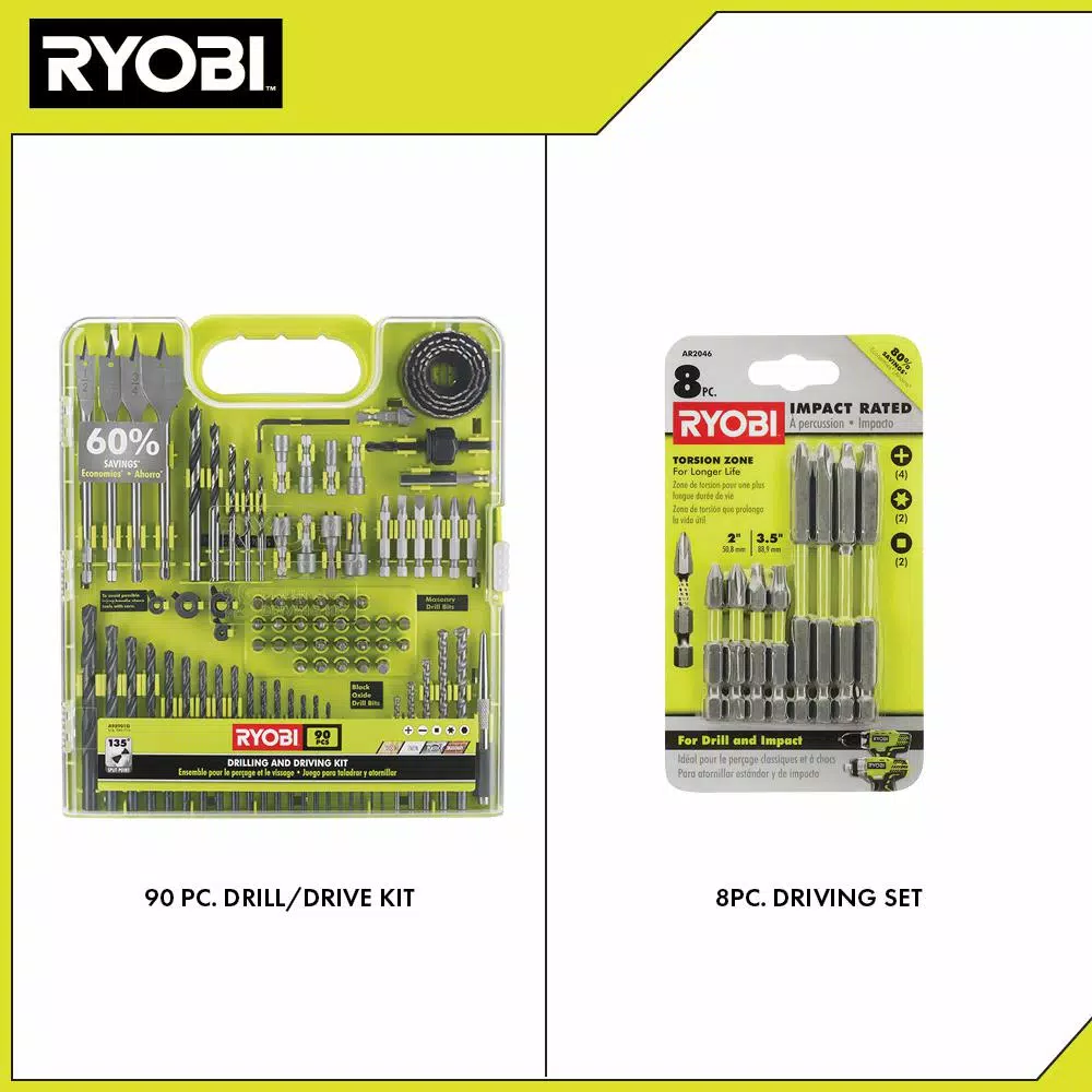 RYOBI 98-Piece Multi-Material Drill and Driver Kit with 8-Piece Bonus Impact Rated Driving Set