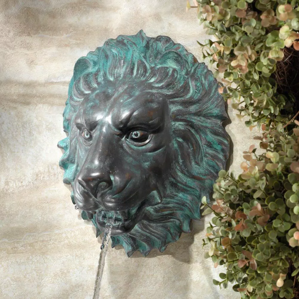Design Toscano 13 in. Florentine Lion Head Bronze Wall Fountain with Verdigris Patina