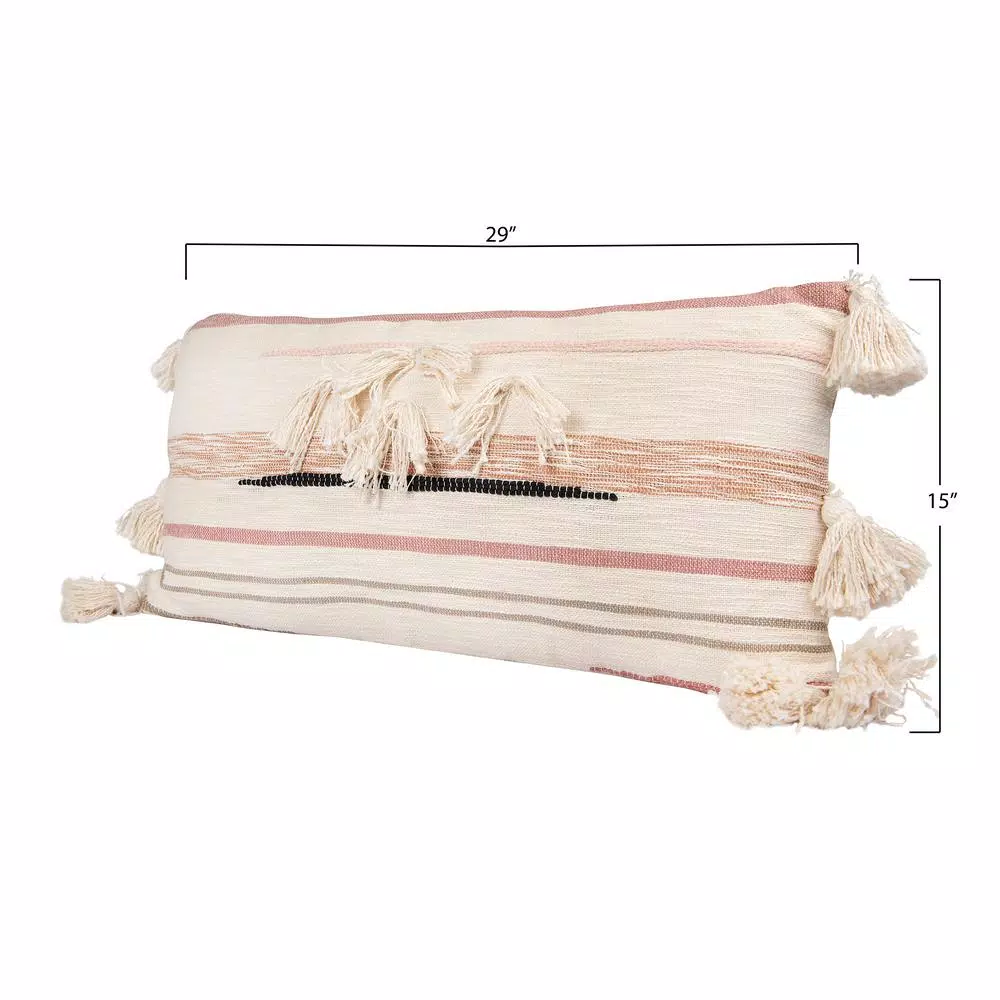3R Studios Pink, Brown and Black Striped Kilim Throw Pillow with Tassels, 28 x 14 in.