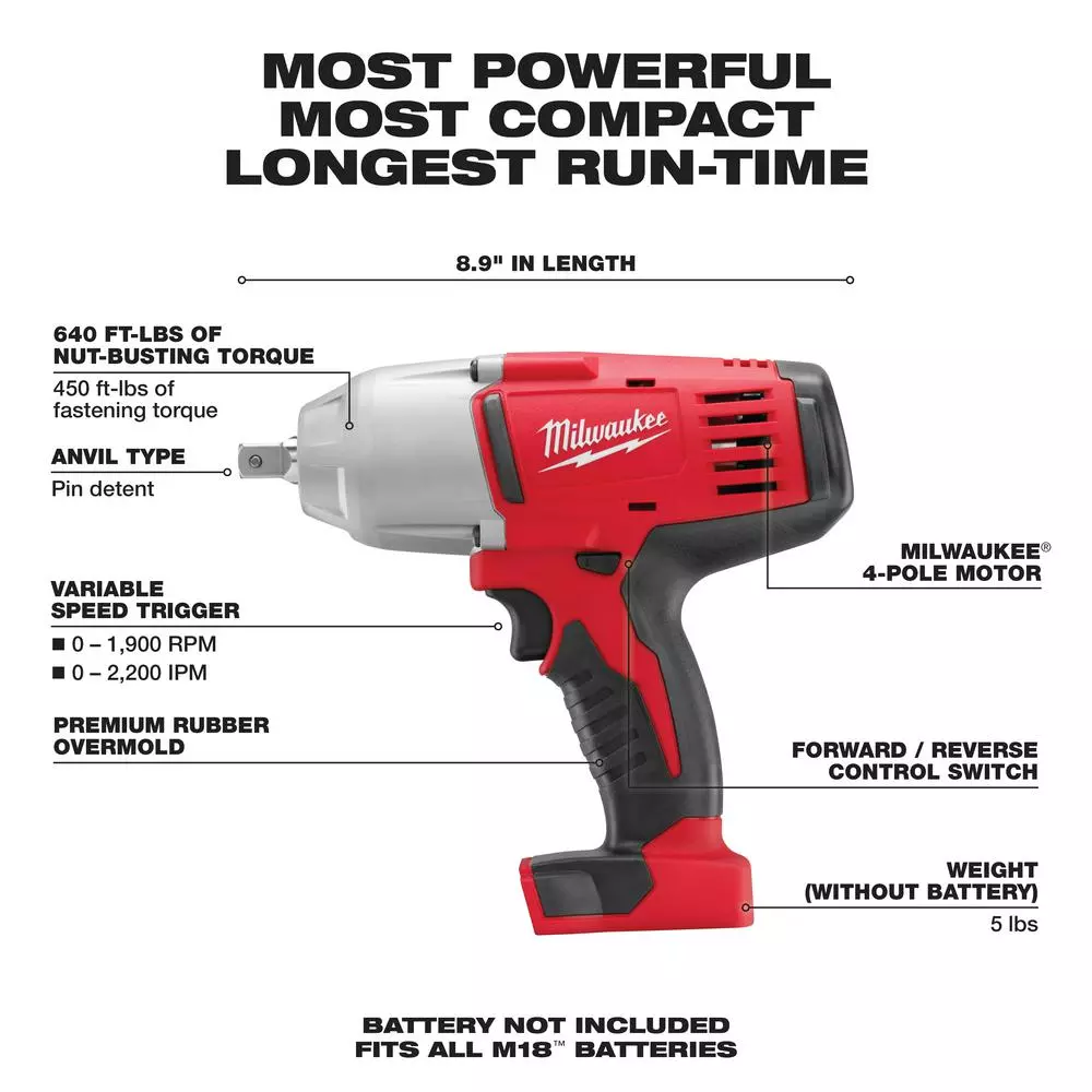 Milwaukee M18 1/2 in. High-Torque Cordless Impact Wrench with Pin Detent (Tool Only)