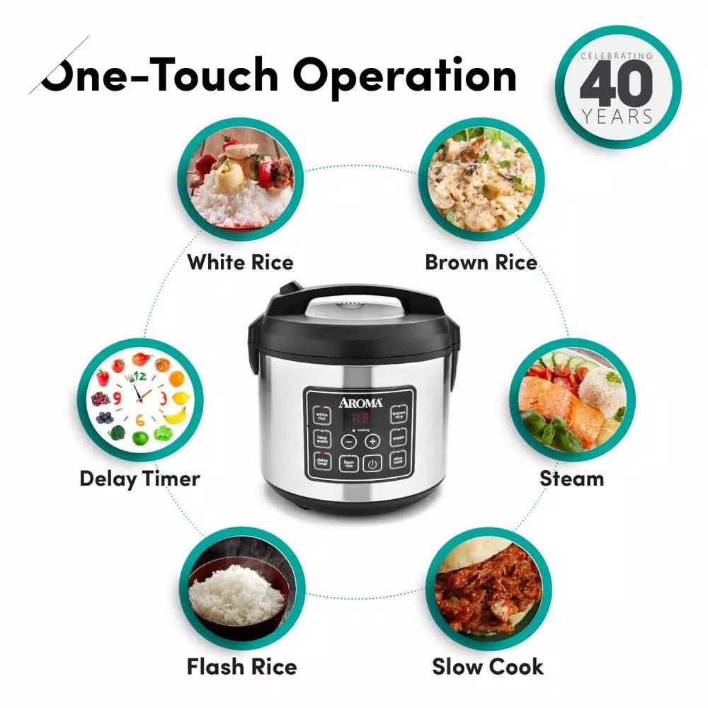 Aroma 20-Cup Digital Rice Cooker, Food Steamer, and Slow Cooker in Silver