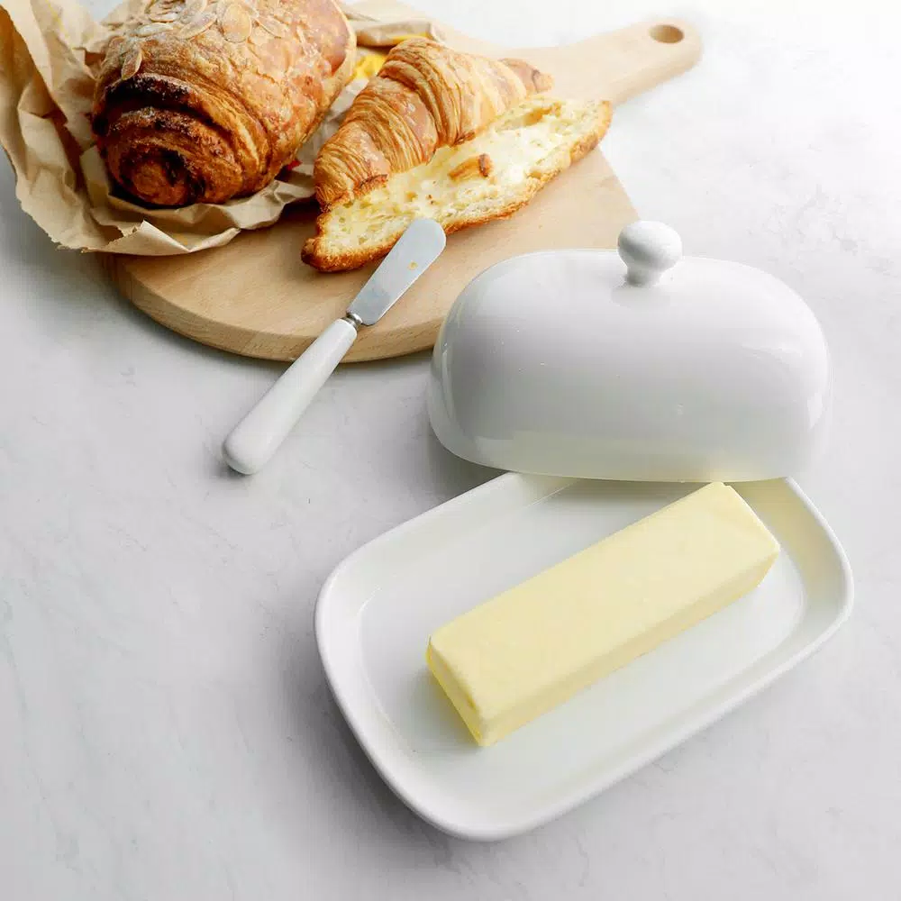 Sweese Porcelain Butter Dish with Lid - White, Modern Round Butter Keeper for 1 Stick