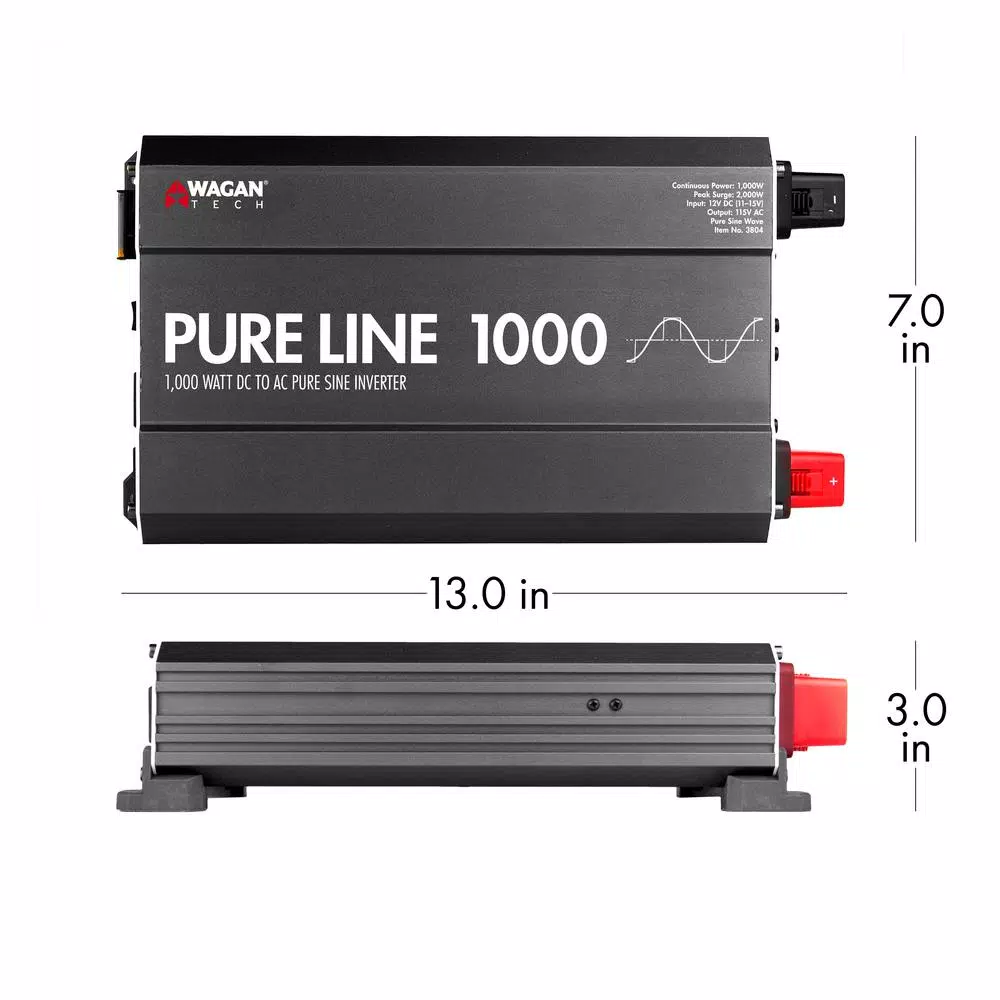 Wagan Tech Pure Line 1000W Pure Sine Wave Inverter, 2000W Surge, 12V DC to 120V AC, ETL Certified