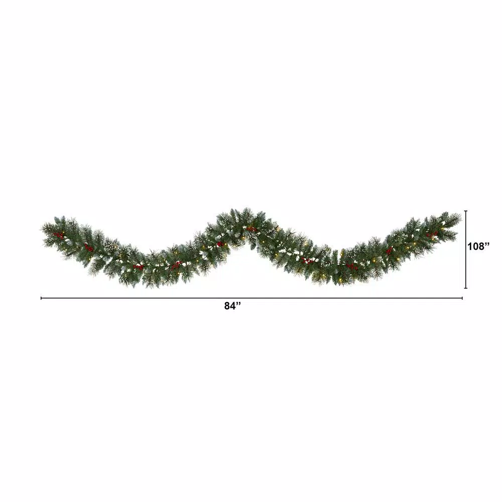 Nearly Natural 9 ft. Pre-lit Frosted Swiss Pine Artificial Garland with 50 LED Lights and Berries