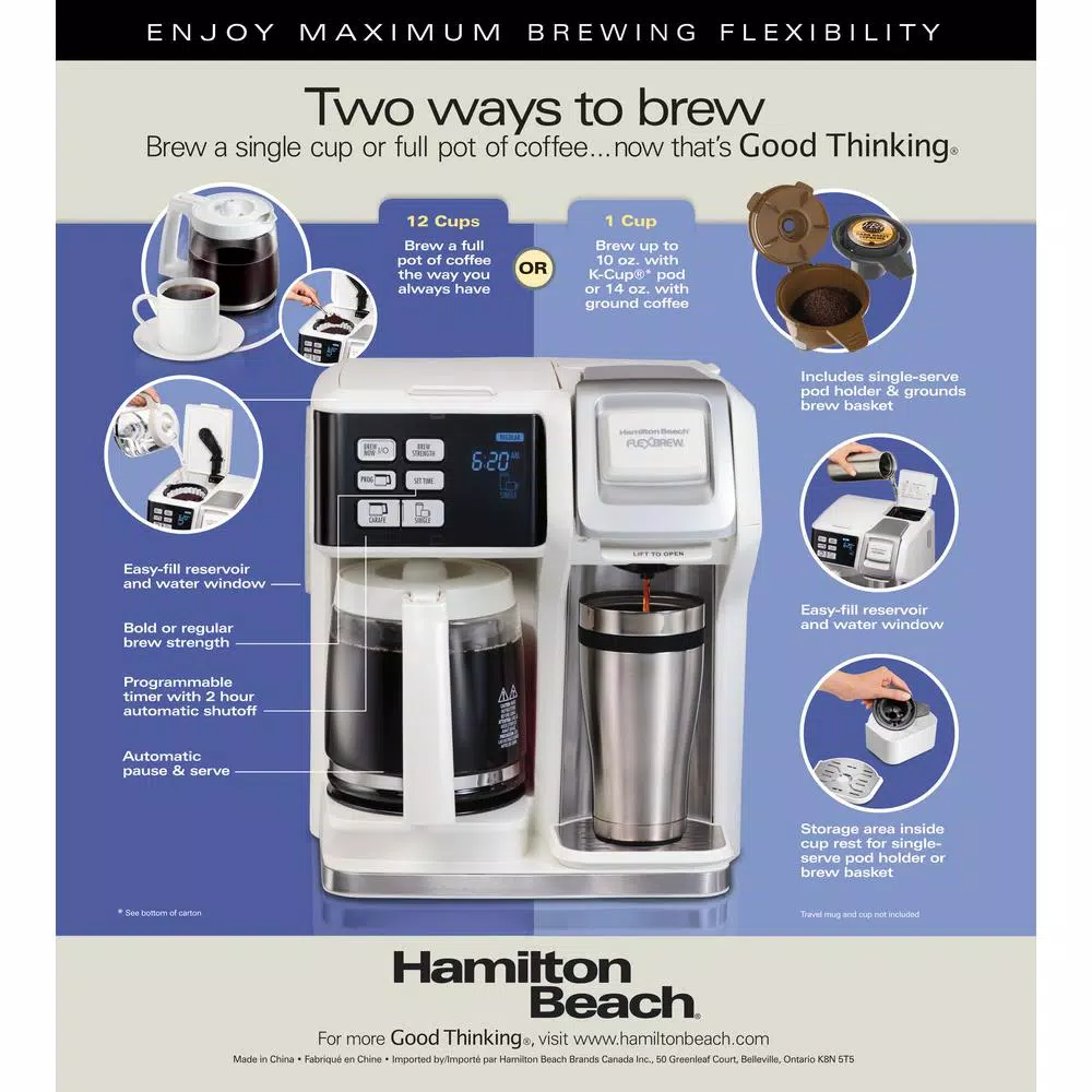 Hamilton Beach FlexBrew 2-Way Coffee Maker, 12-Cup Carafe and Single-Serve Pod Brewer, White