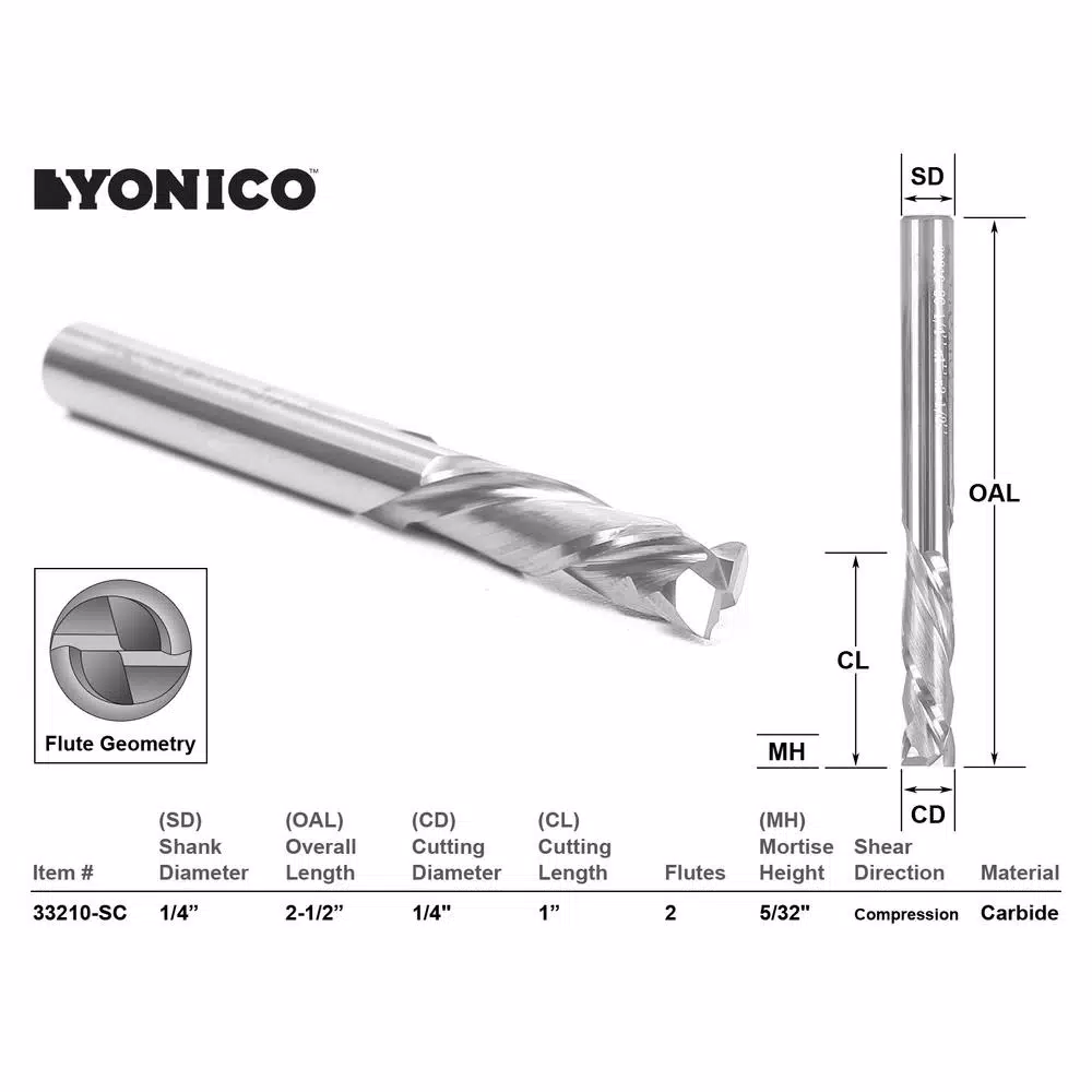 Yonico 1/4 in. 2-Flute Compression Cut Spiral End Mill, Solid Carbide CNC Router Bit