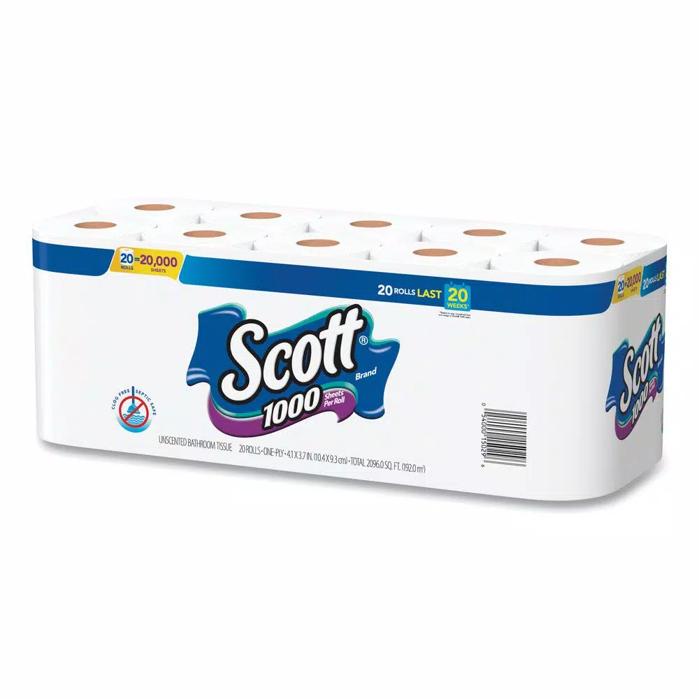 Scott 1-Ply Standard Roll Bathroom Tissue, 1000 Sheets Per Roll, 20 Rolls Per Pack