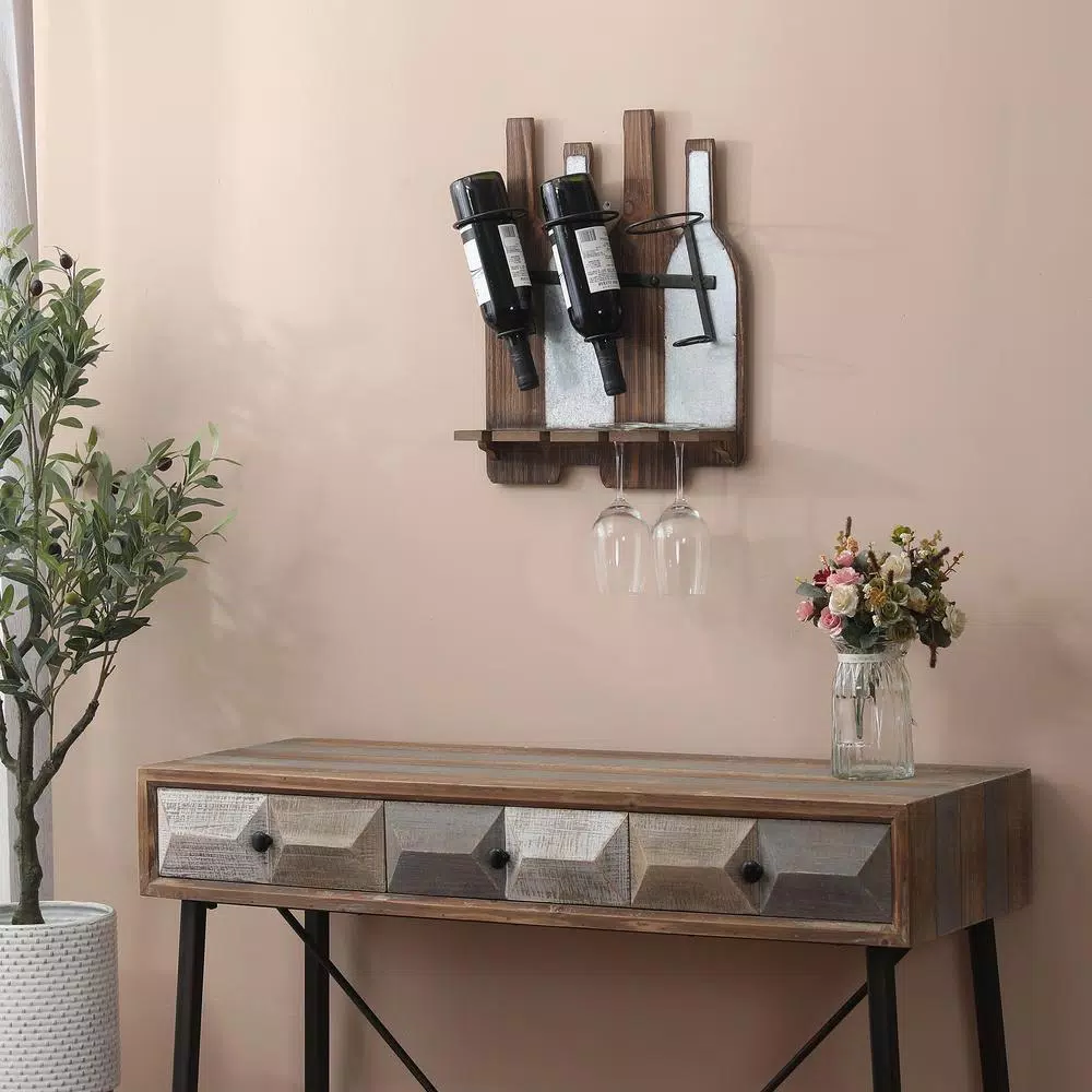 Luxen Home Rustic Wood & Metal Wall Mounted Wine Rack - Holds 3 Bottles & 4 Glasses