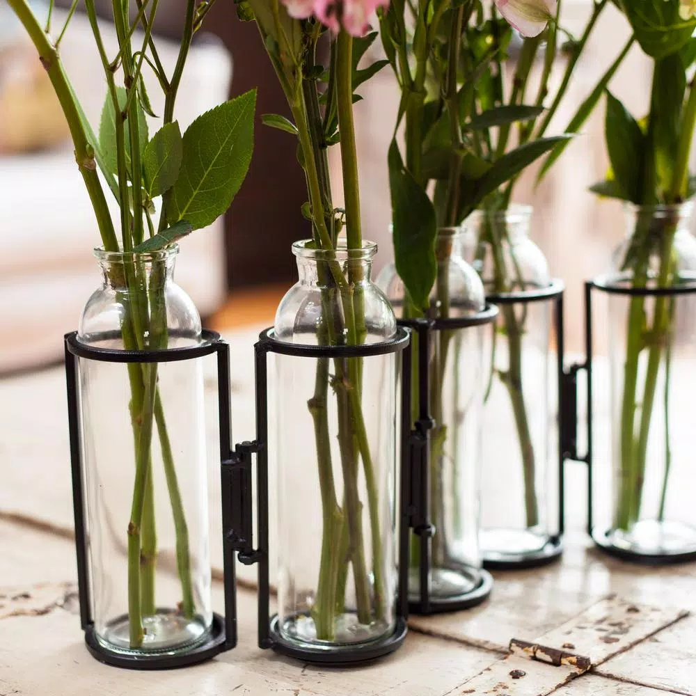 Danya B. 8 in. Hinged 5-Bottle Vase, Black Iron and Clear Glass