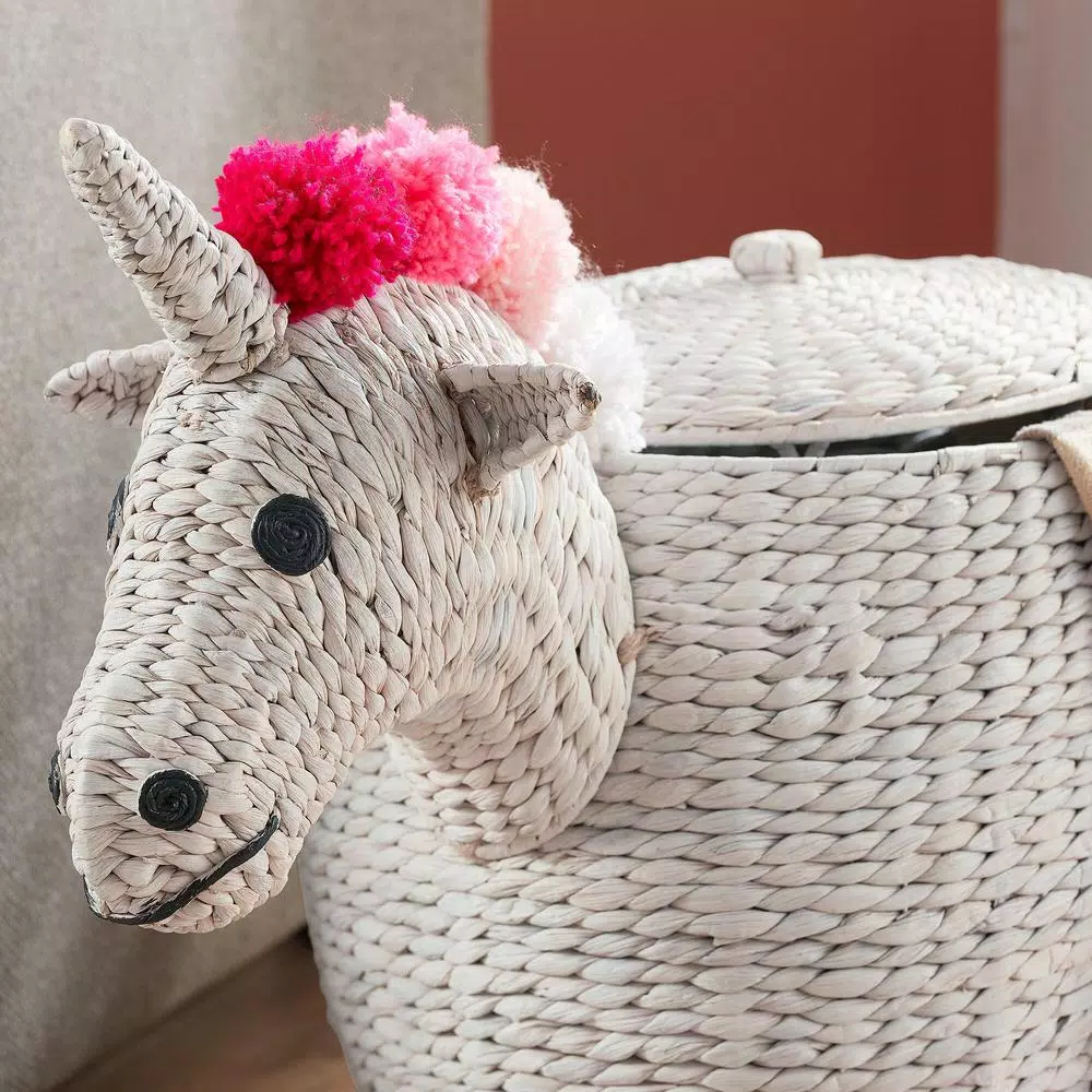 StyleWell White Unicorn Water Hyacinth Woven Decorative Basket with Lid
