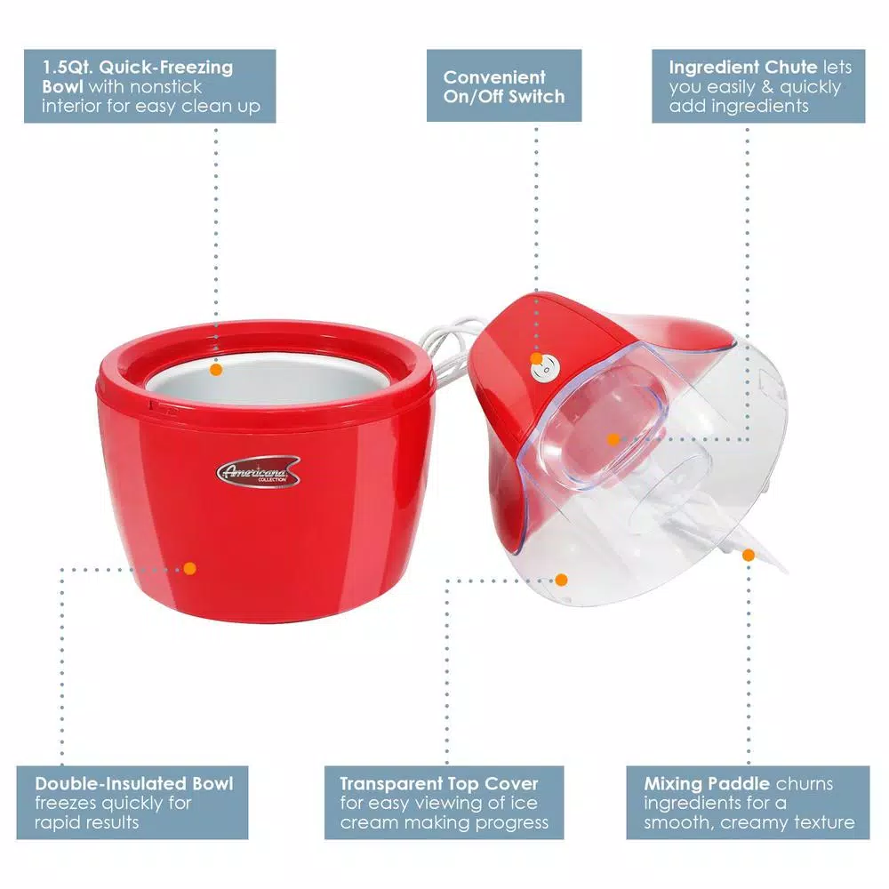 Americana 1.5 Qt. Electric Ice Cream Maker with Quick Freeze Bowl, Red