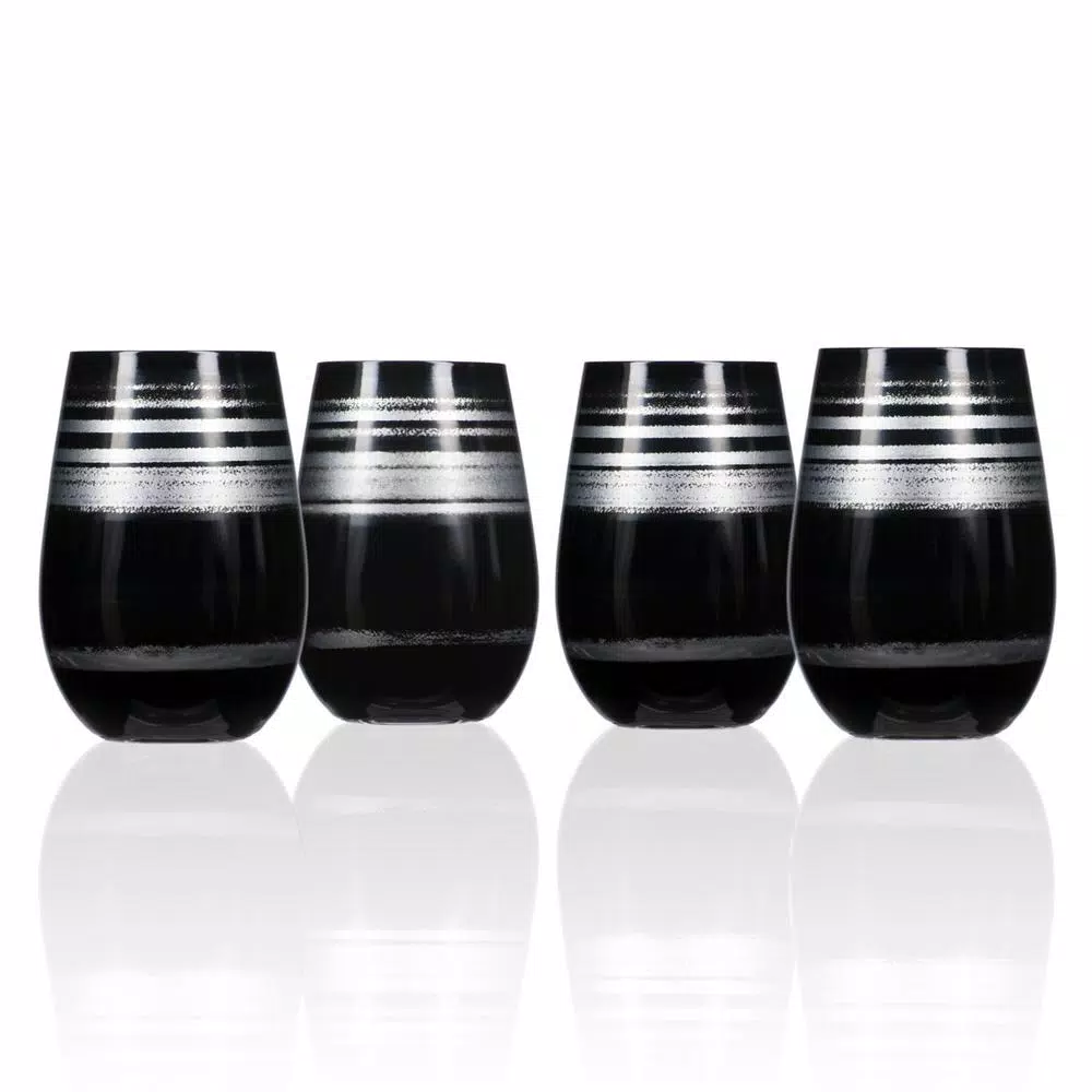 Rolf Glass Cosmo 16.5 oz. Stemless Wine Tumblers, Black/Silver (Set of 4)