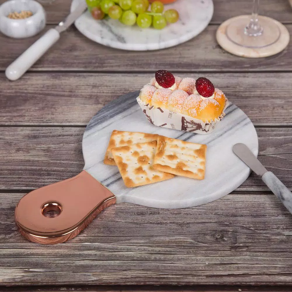 Creative Home Natural White Marble Cheese Serving Board with Stainless Steel Copper Trim Handle, 12.2 x 8 in.