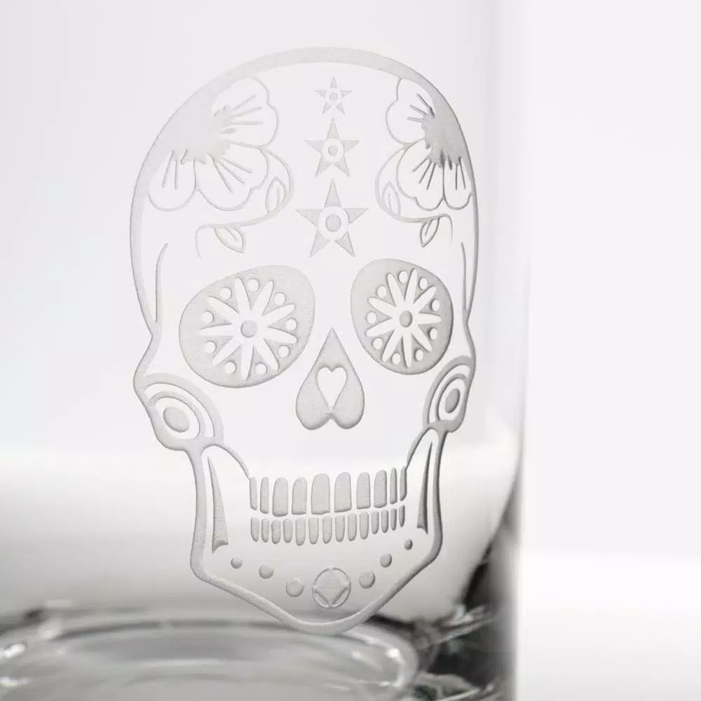 Rolf Glass Sugar Skull 16 oz. Pint Glass Set of 4 - Sand-Etched Glassware