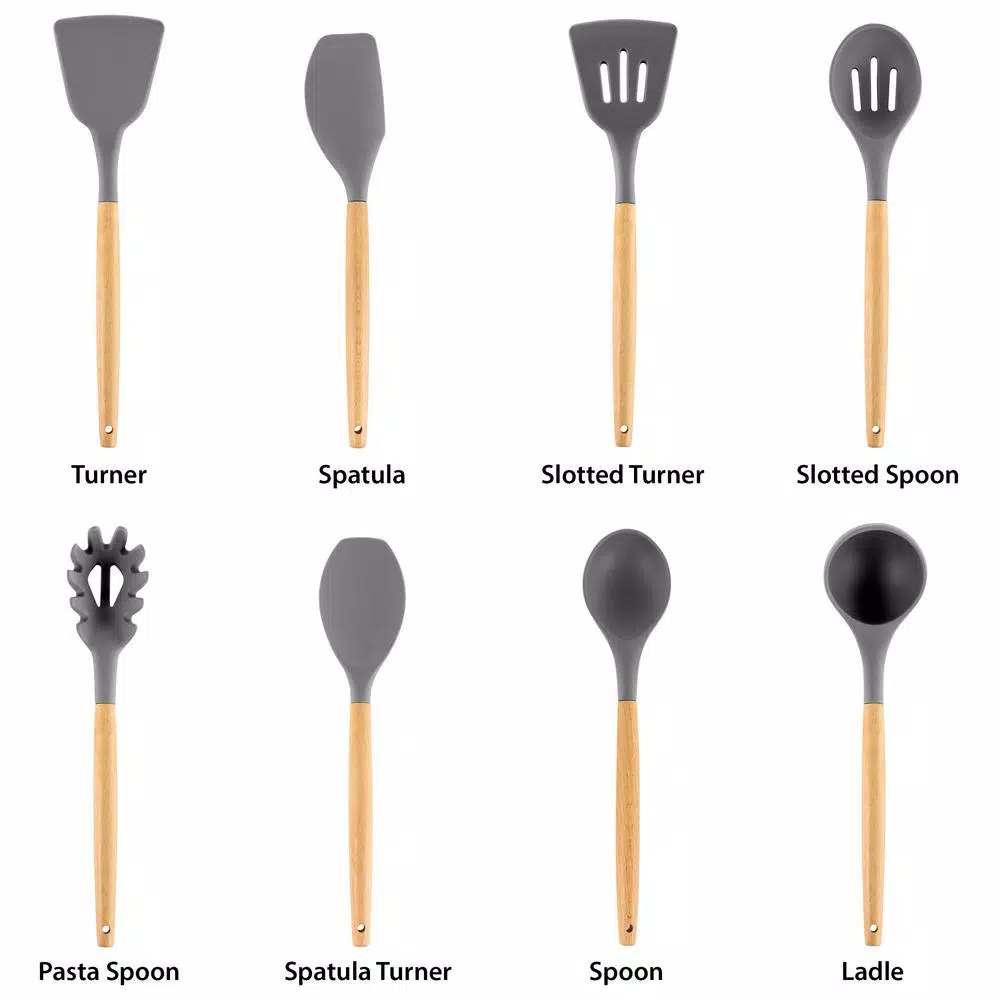 MegaChef 9-Piece Gray Silicone and Wood Kitchen Utensil Set with Ceramic Holder